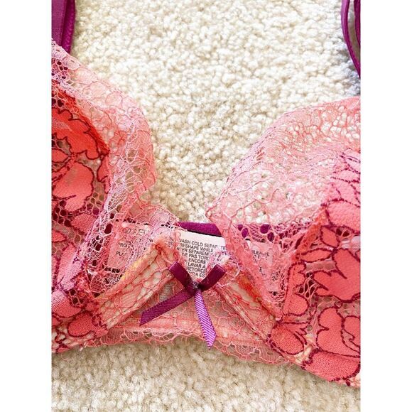 Victorias Secret Pink Push Up Bra 32B Dream Angels Salmon Sheer Lace Underwire - Picture 3 of 7